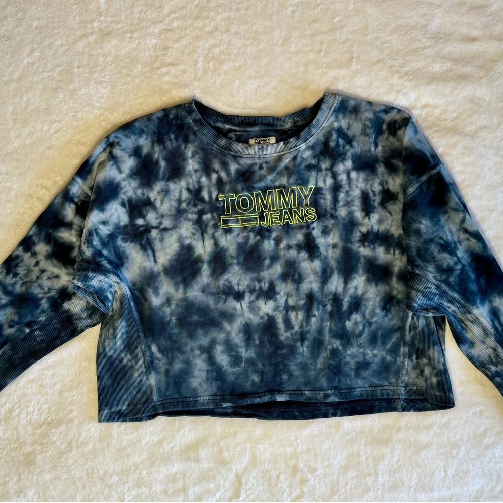 Tommy Hilfiger Womens Tommy Jeans Large Blue Tie Dye Pullover Crop Sweat Shirt